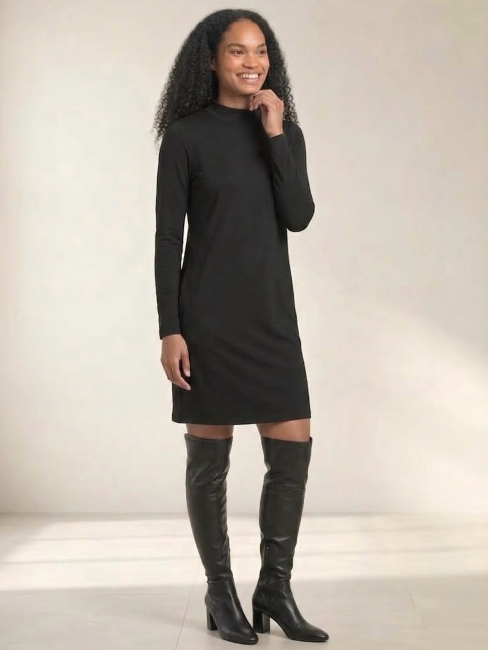 COS A-Line Midi-Length Mock Neck Minimalist Long Sleeve Dress, Black, Size XS